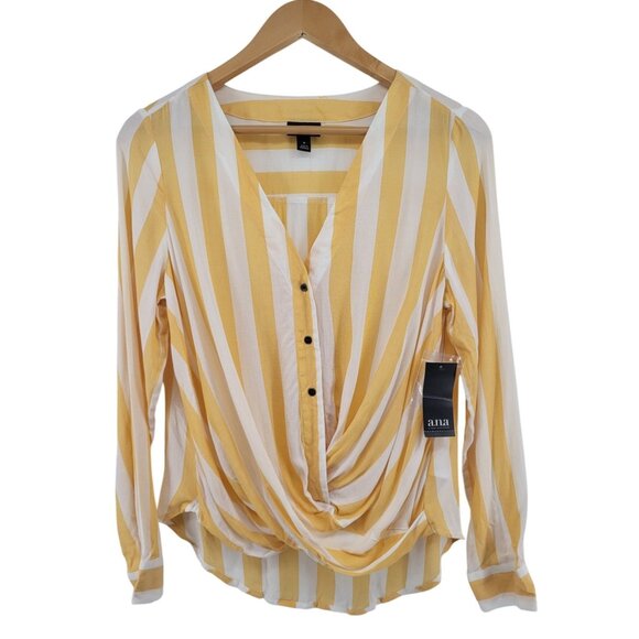 A.N.A Womens Gold Stripe Button-Down Drape Front Blouse Small Rayon Fabric Long - Picture 1 of 8
